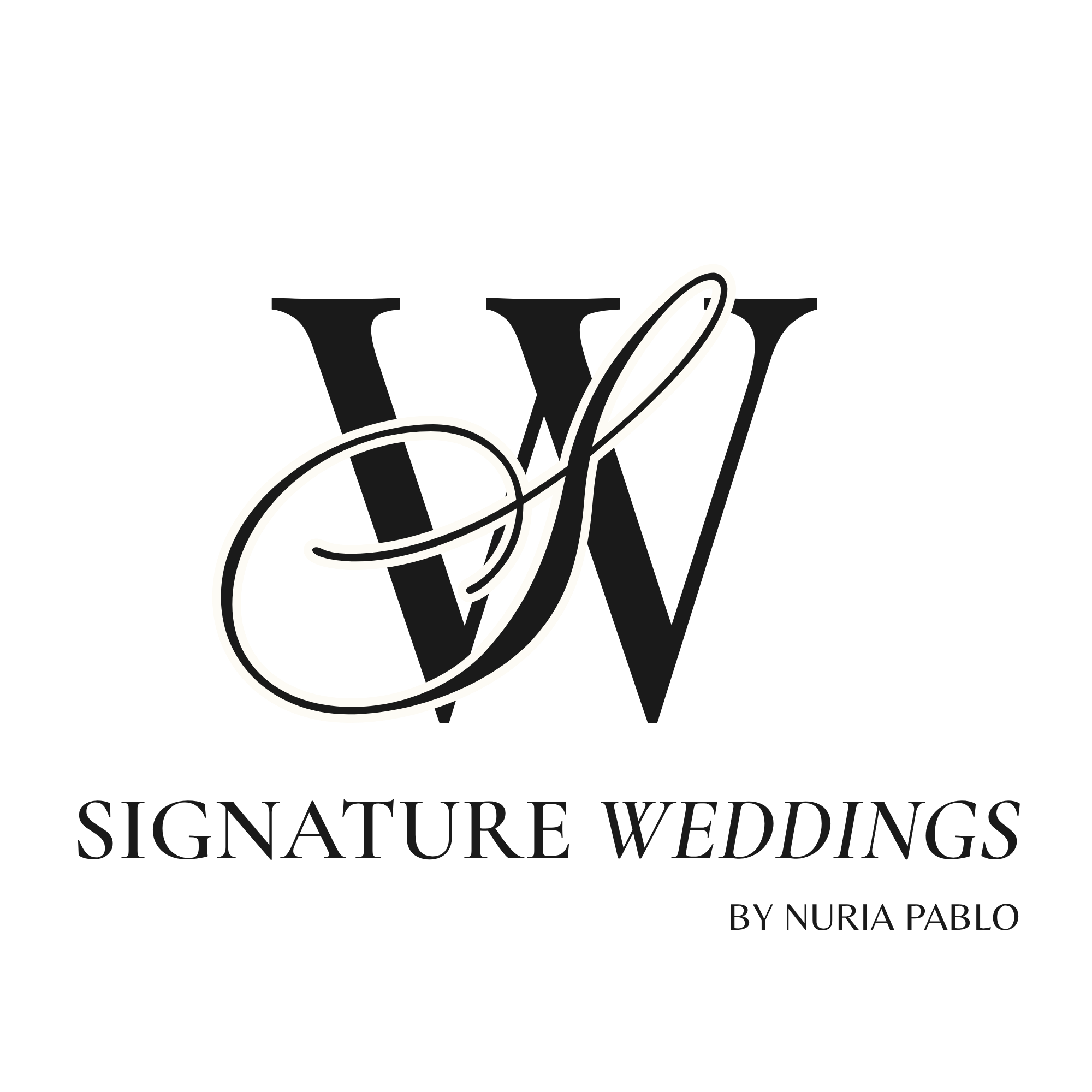Großes Logo, was ein Serifen W und ein geschwungenes S zeigt. Darunter steht Signature Weddings by Nuria Pablo
